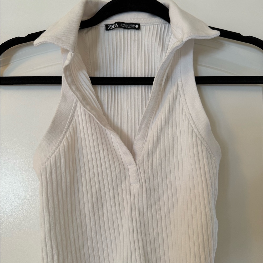 Zara White Ribbed Collared Top - Picture 2 of 4